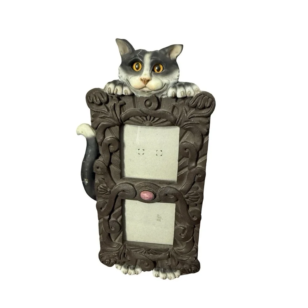 Heavy dual 3x3 frame tuxedo cat carved picture photo frame Kitty